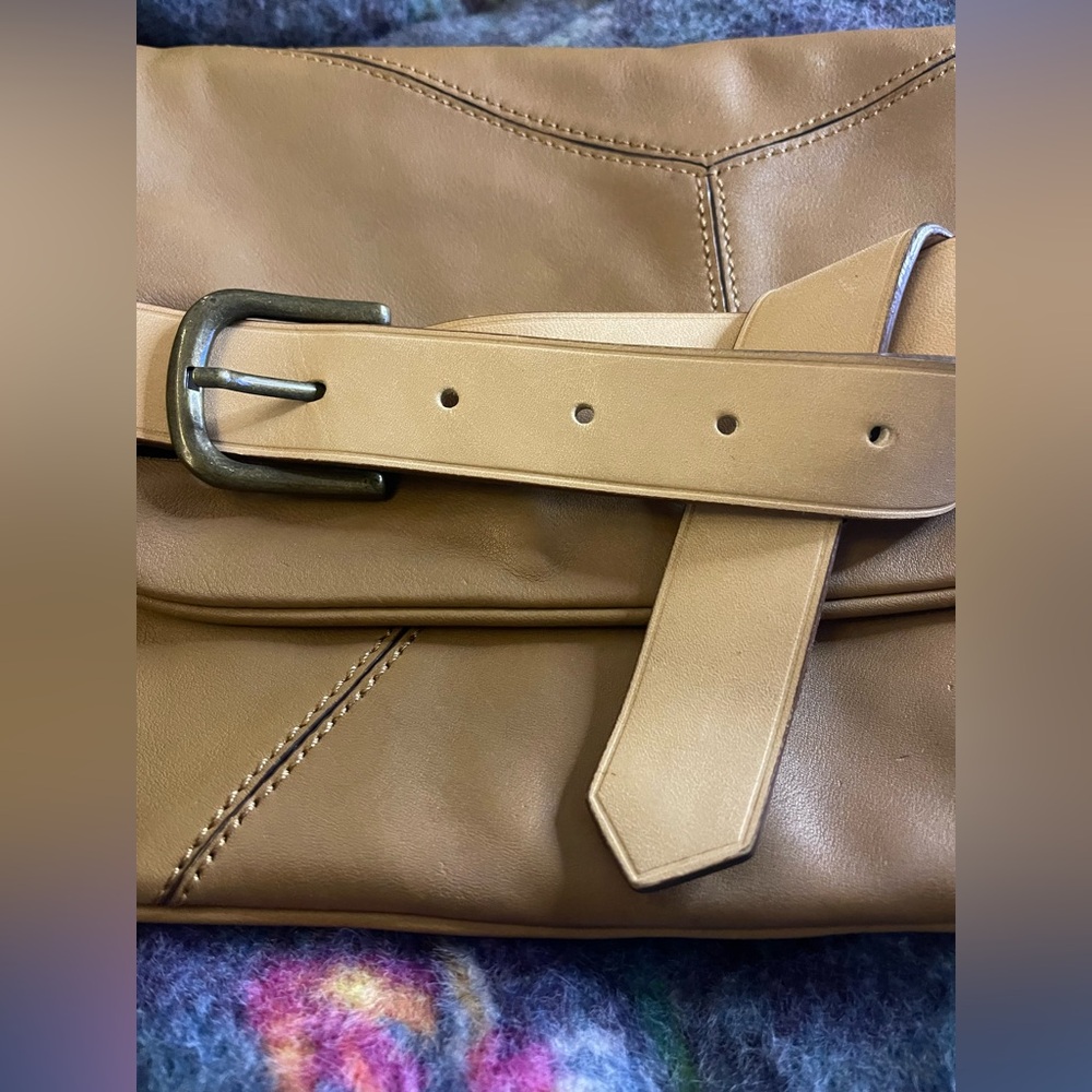 Belted Soft Tan Leather Envelope Clutch by Ann Taylor Supple Timeless Neutral - Picture 3 of 4